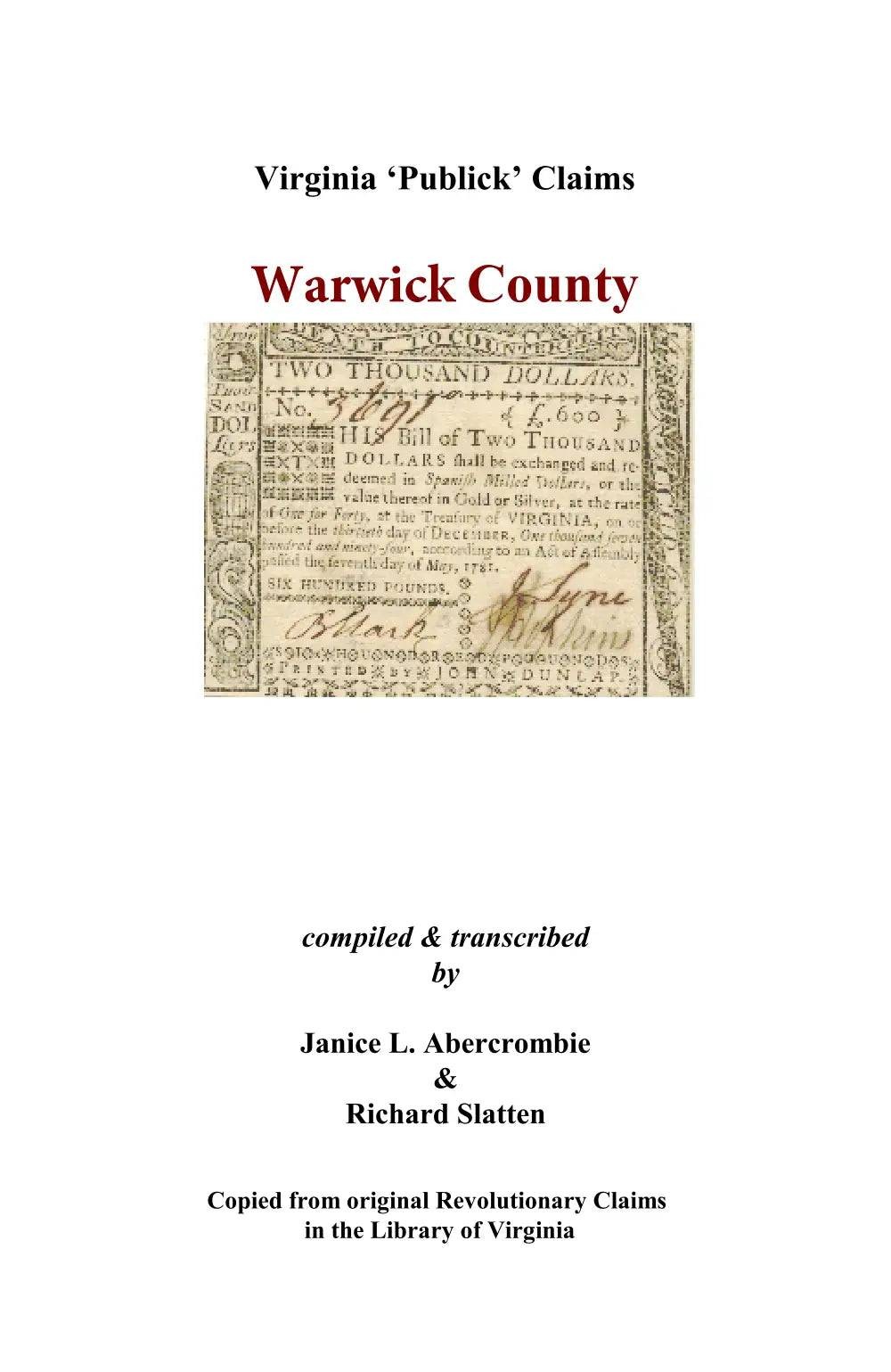 Warwick County, Virginia Revolutionary Publick Claims GENEALOGY