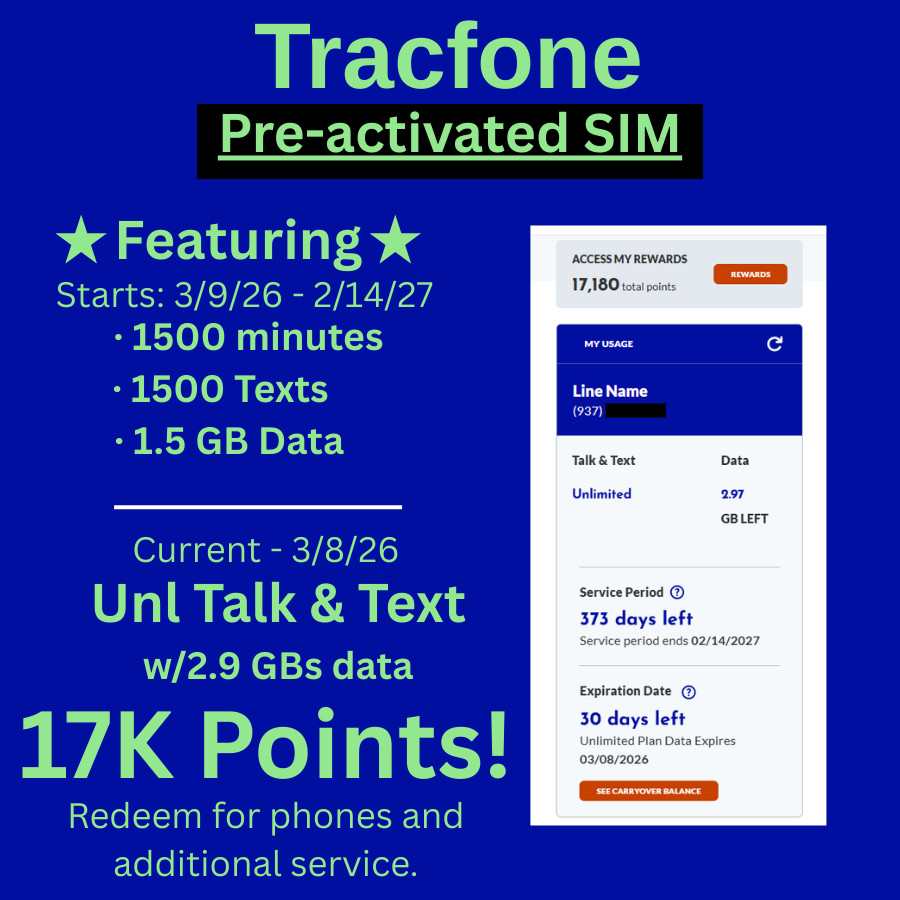 [Pre-activated] Tracfone 1-year+ Service 1500 tlk & Text w/1.5GB data & 17k pnts