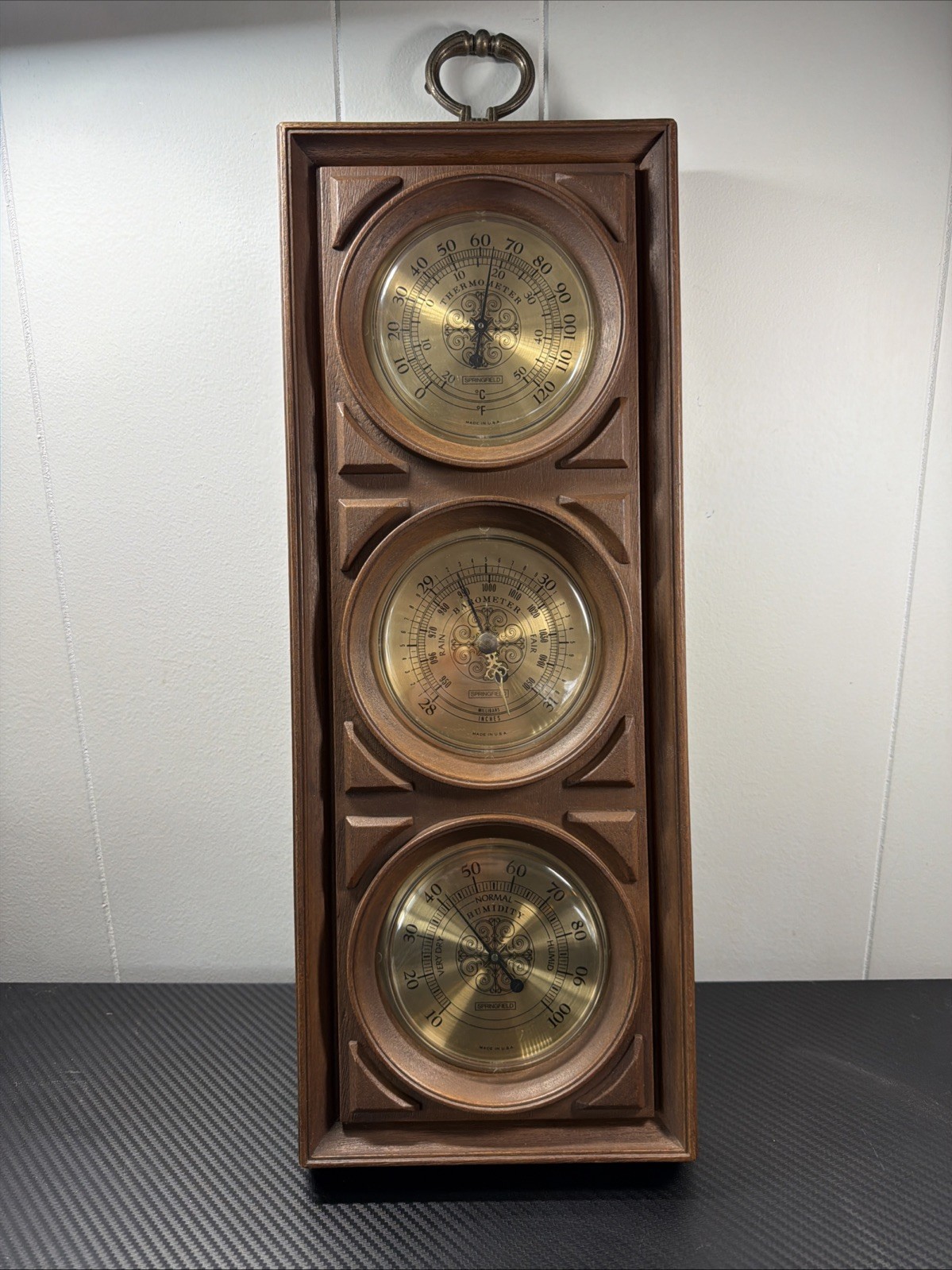 Springfield Weather Station Thermometer Barometer Humidity Wall USA 19”x 7”