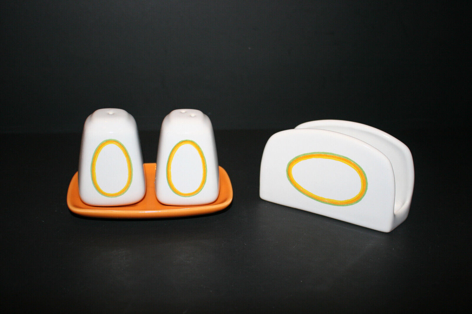 VTG MCM  Ceramic Salt Pepper Shakers w/Tray & Napkin Holder Mustard Yellow Set