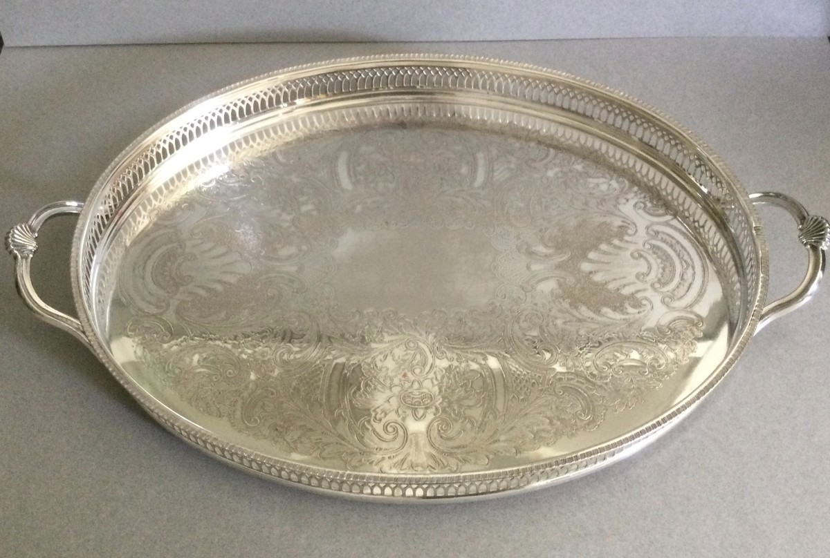 Vintage English Silver Plated Tray with Handles Pierced Gallery Scroll Pattern
