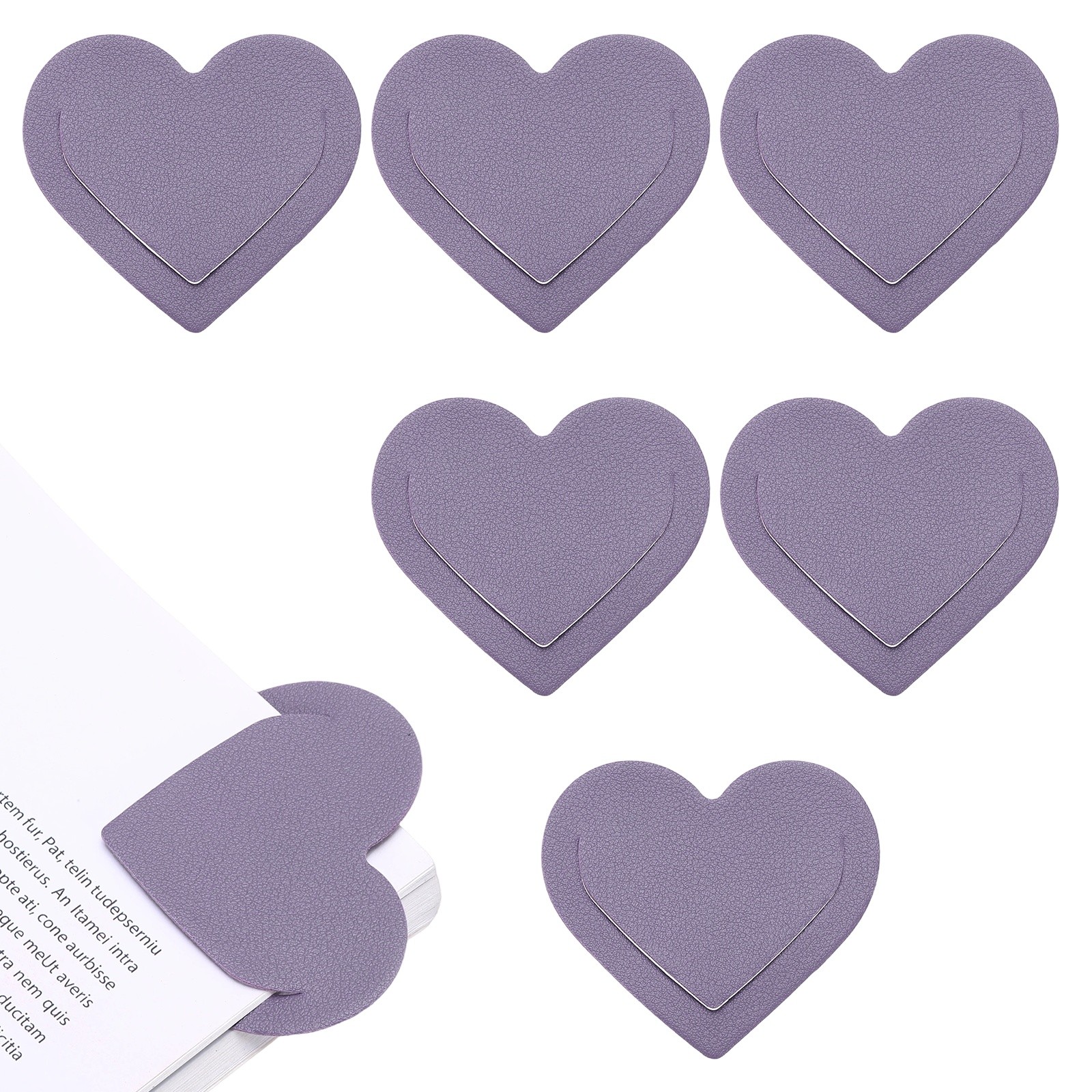 6Pcs Leather Heart Bookmarks, Cute Corner Bookmarks for Reader, Purple