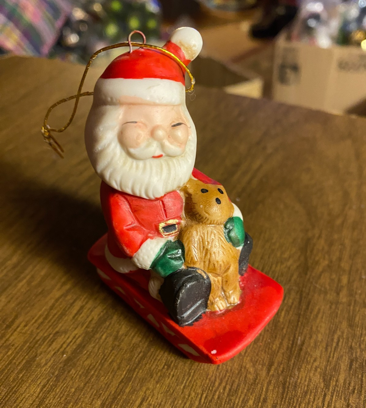Vintage Porcelain Santa in Sleigh Christmas Ornament 2 1/2"