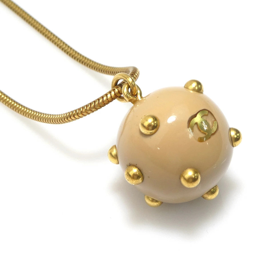 CHANEL Necklace Coco Mark Metal Resin Gold Beige