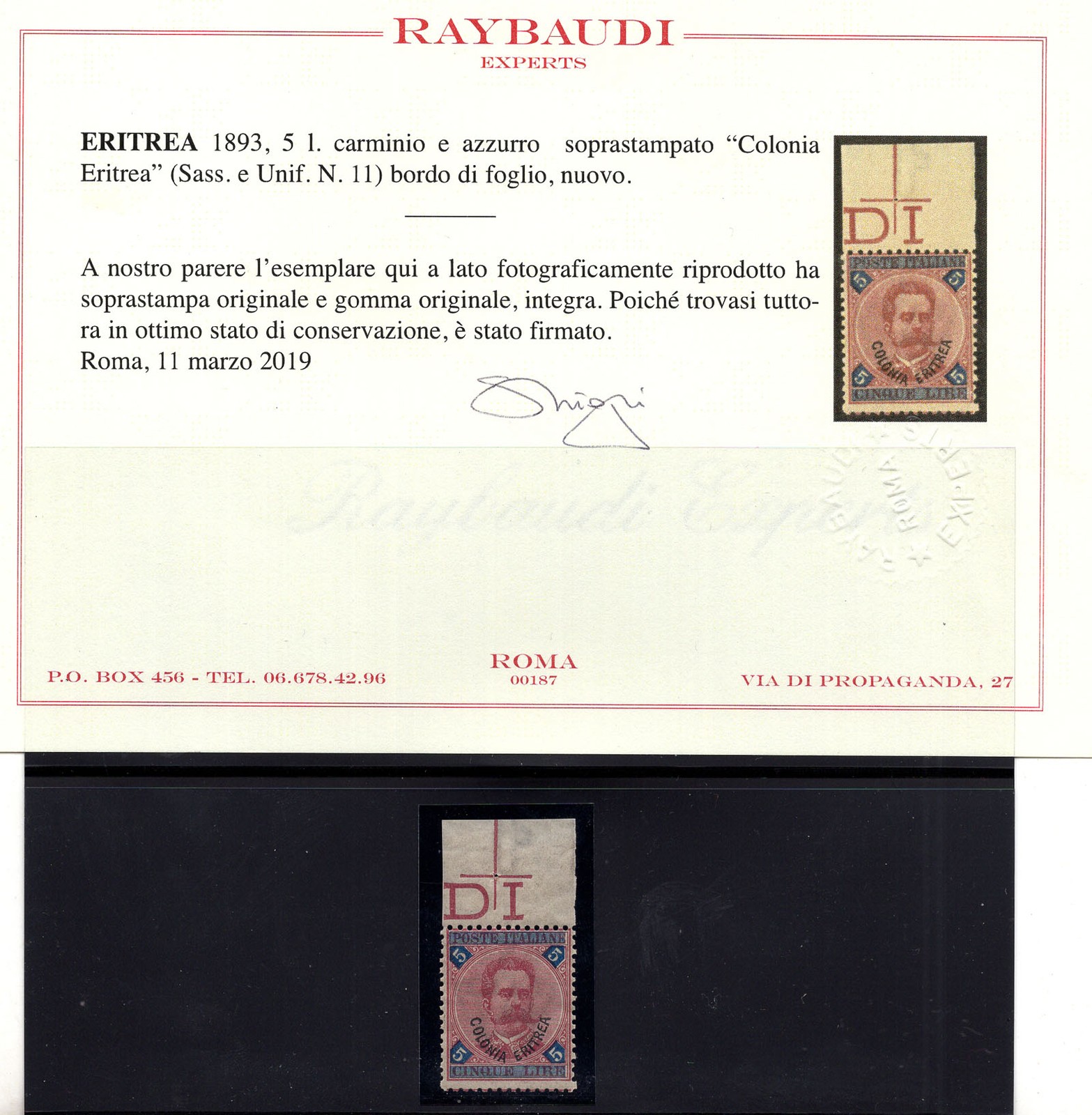 Eritrea - Umberto I. Lire 5 No. 11 Certificate - MNH
