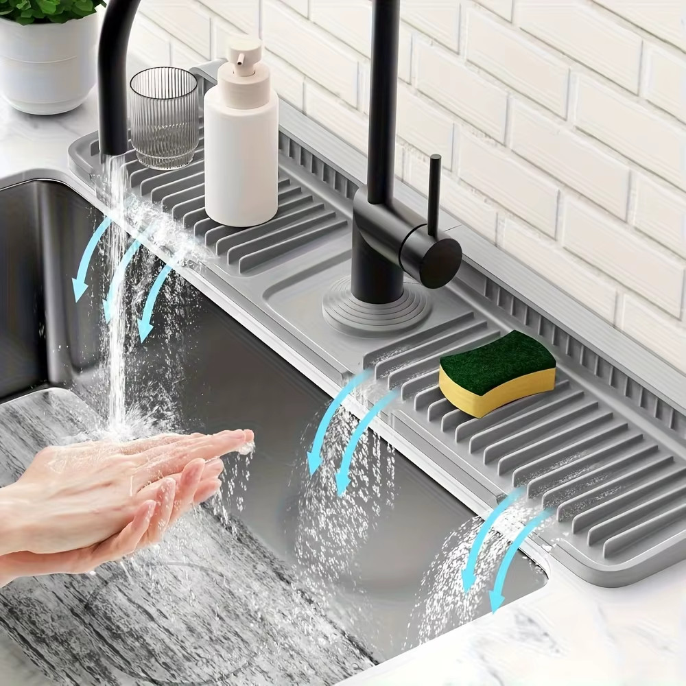 Kitchen Sink Splash Guard with 7° Slope Design | Quick Drain Faucet Mat, Snap-On