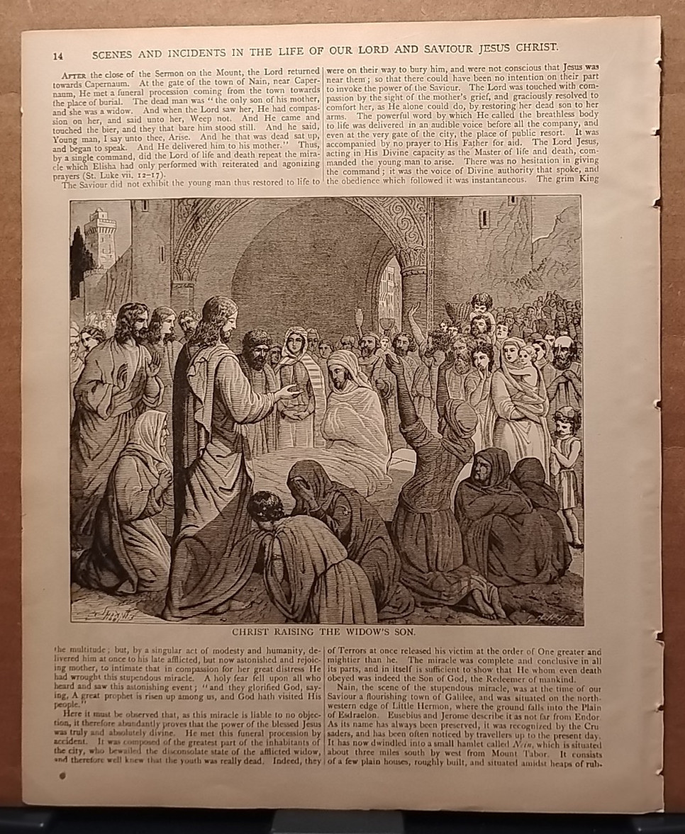 1884 - Vintage CHRIST RAISING THE WIDOW'S SON Antique Bible Print from 1800s