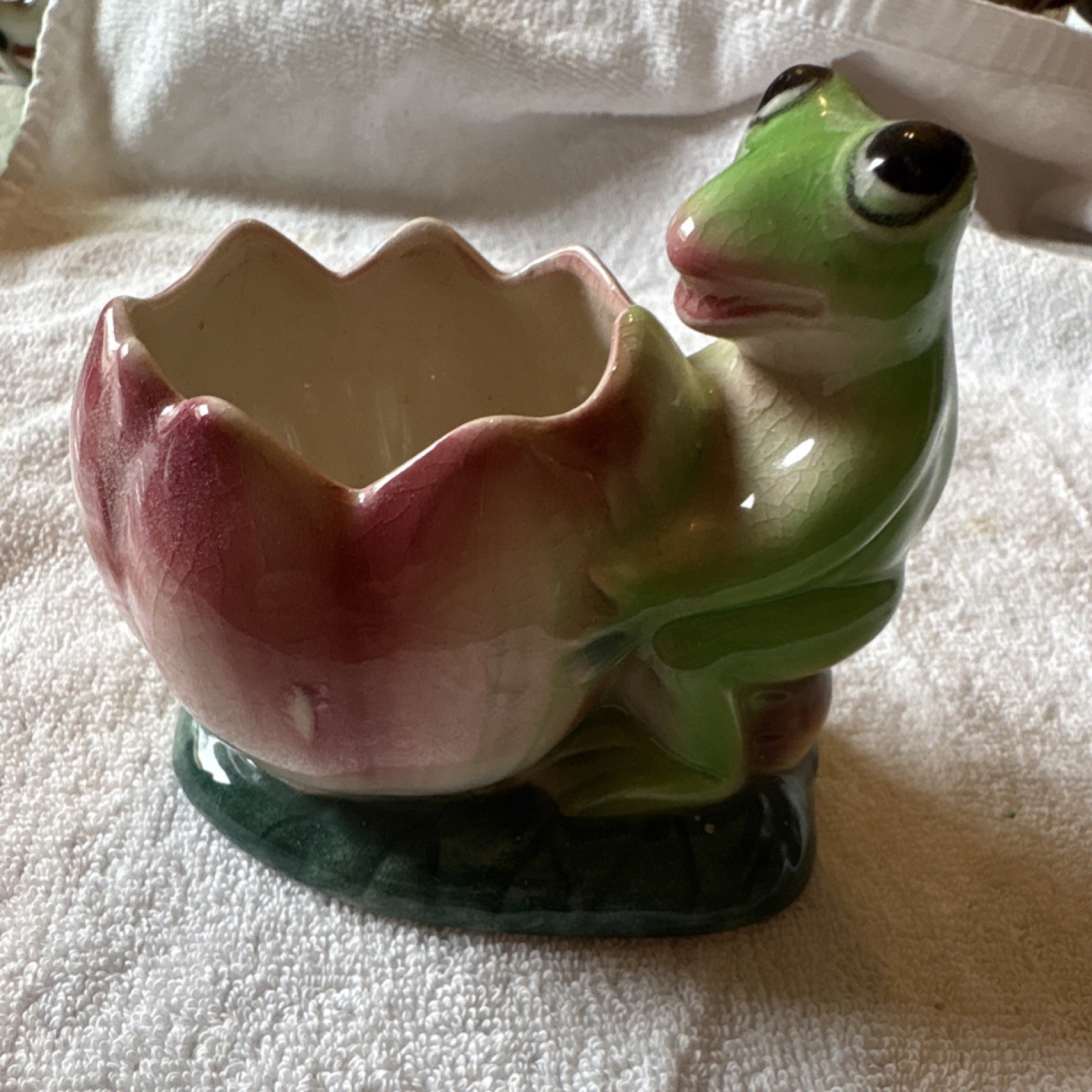 Vintage 1950s Ceramic Frog Planter Japan Green Pink Collectible 5in