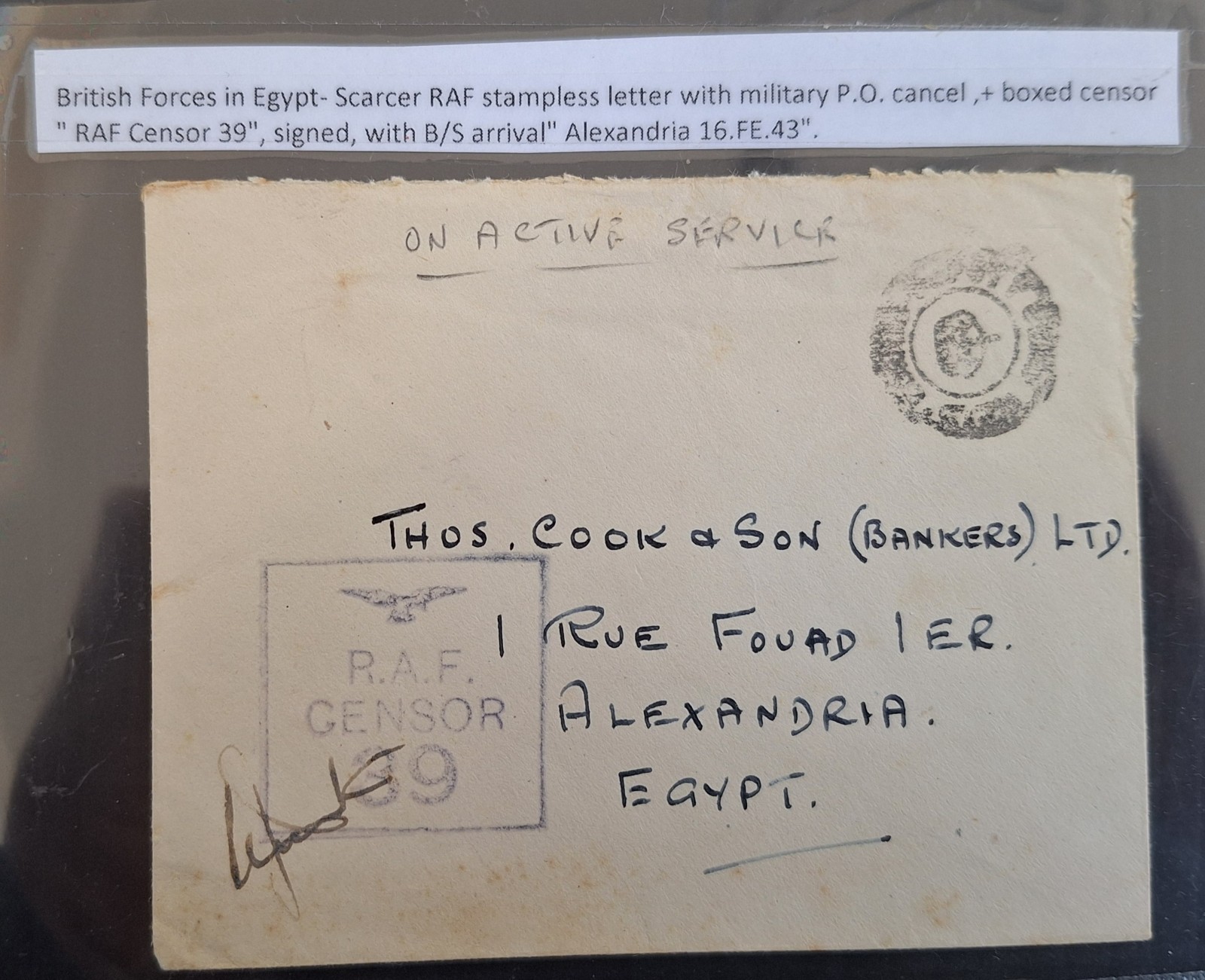 1945 Egypt On Active Service R.A.F. Censor Cover w Crown cancel to Alexandria