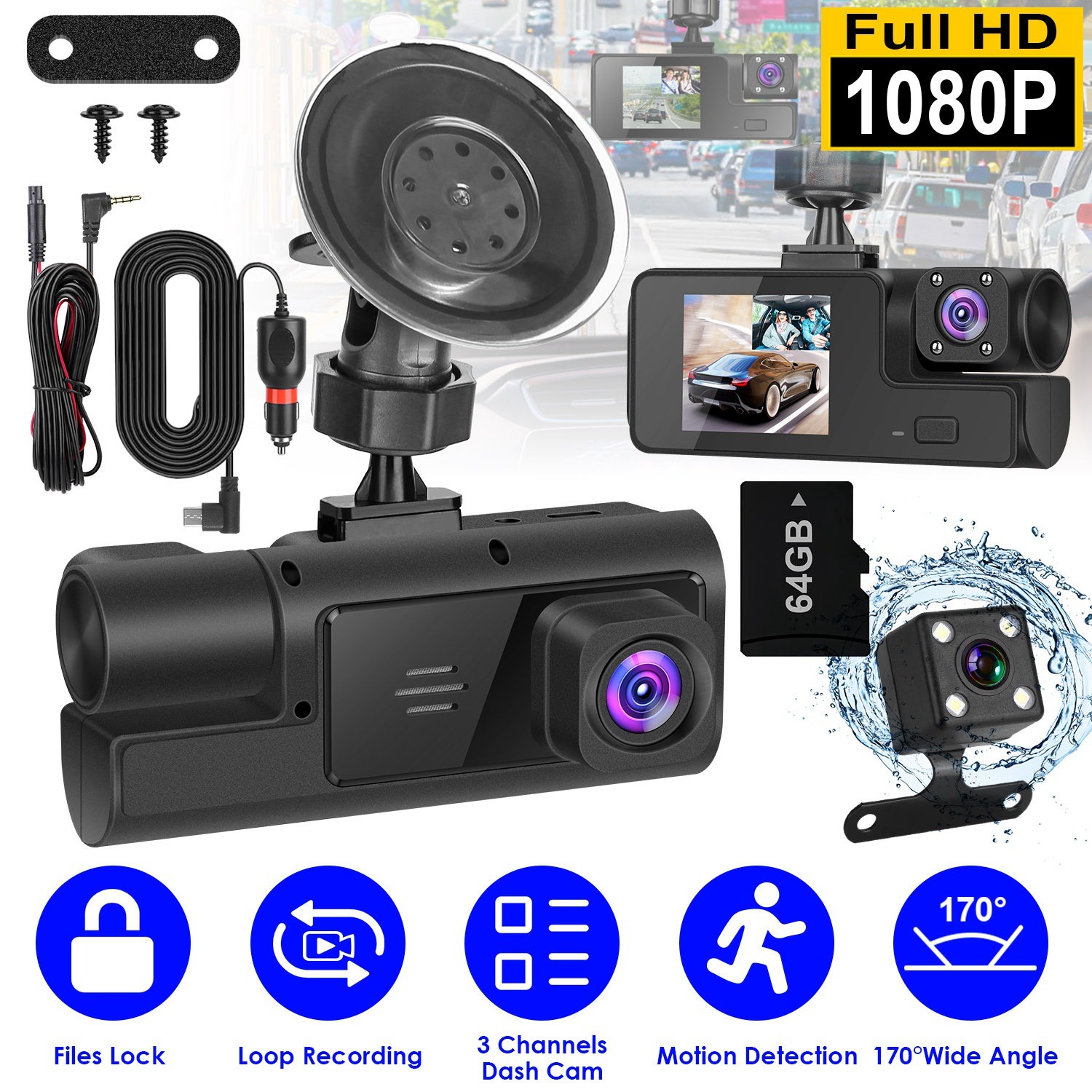 1Pc WiFi FHD 1080P Car Dash Cam 3 Channels Front Rear Inside Dash Camera With Lo