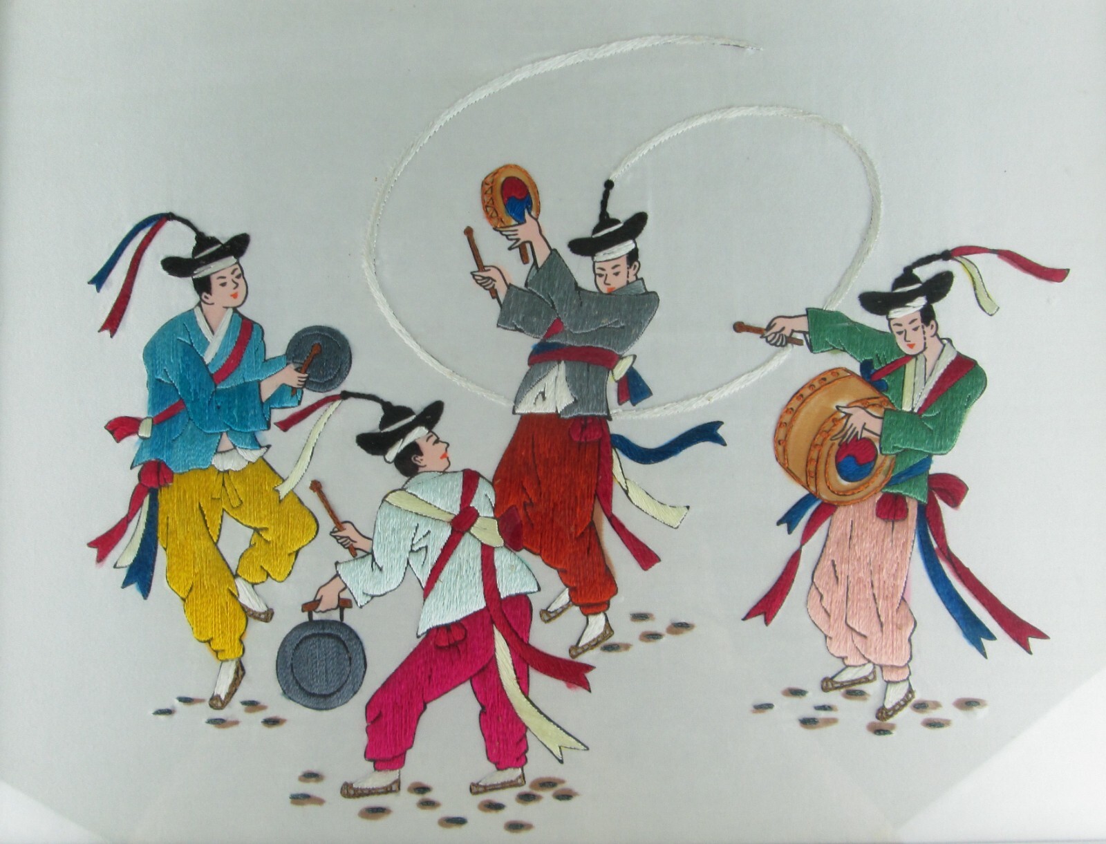 Framed Korean Embroidery Artwork Dancing Musicians Drumming 25-1/4 x 17-1/2 inch