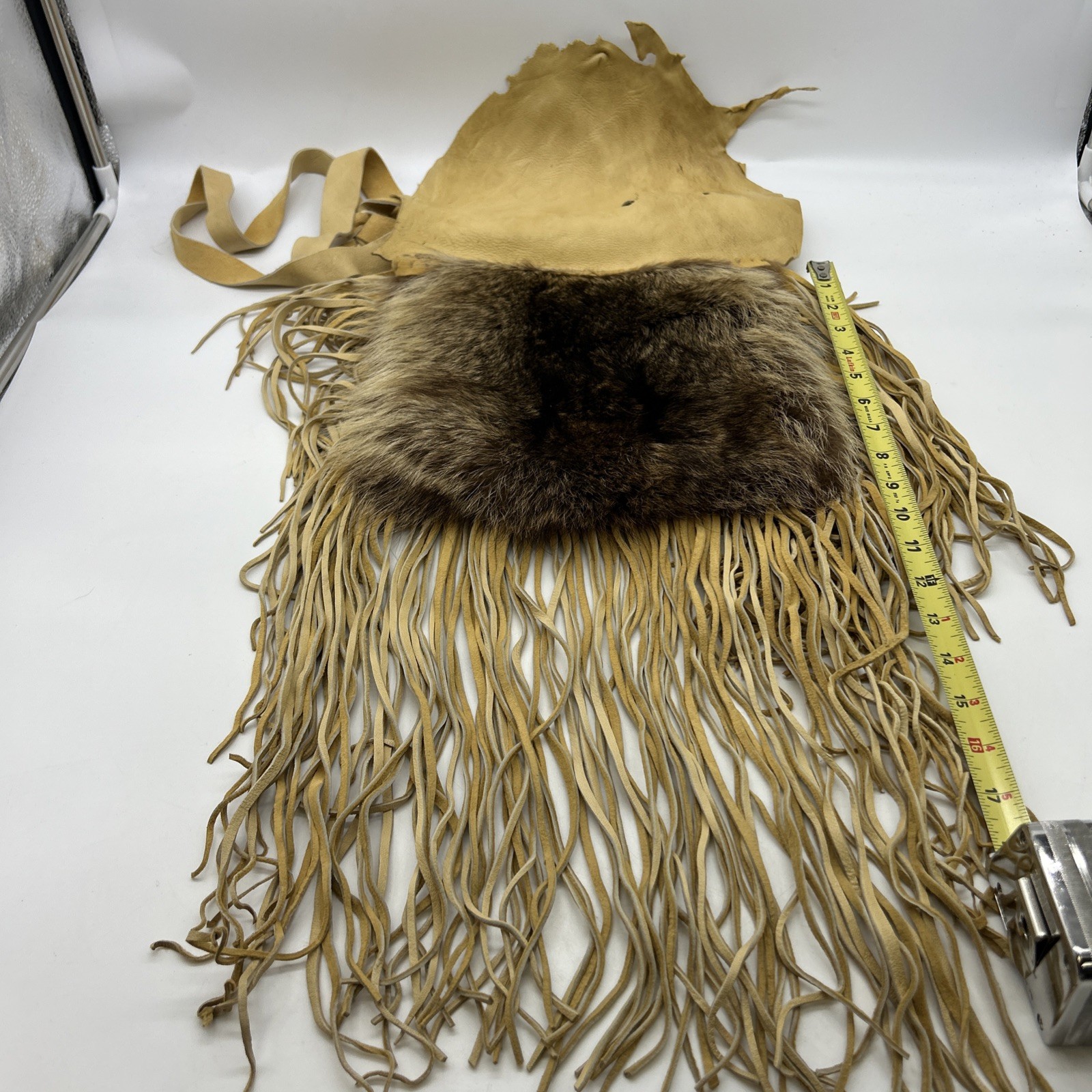 Native American Leather Raccoon Flap  Medicine Pouch Bag with Fringe And Strap