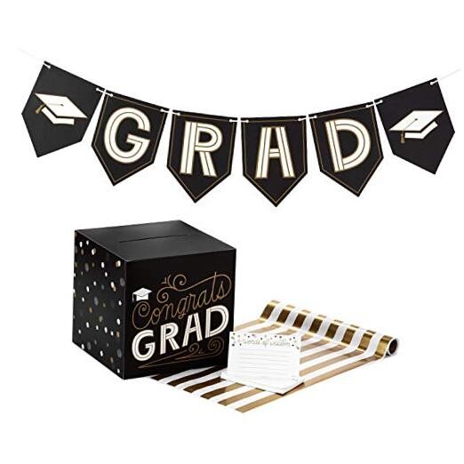  5GEY2000 Graduation Party Kit, Black and Gold (Banner, Table Runner, Card 