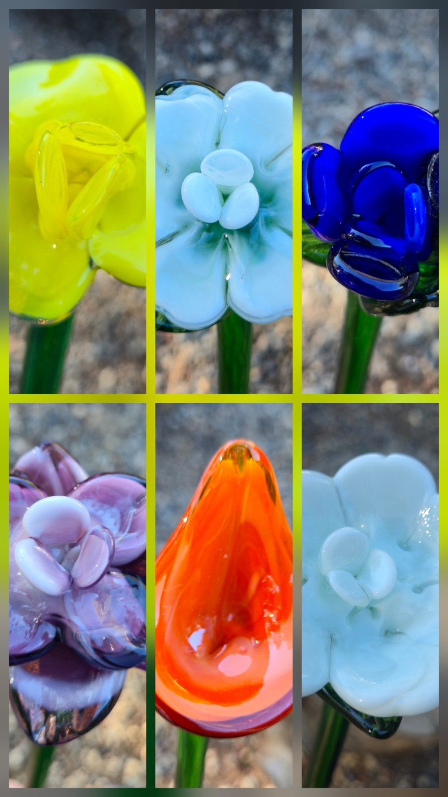 Murano Style - Hand Blown - Long Stemmed Flowers - Lot Of 6