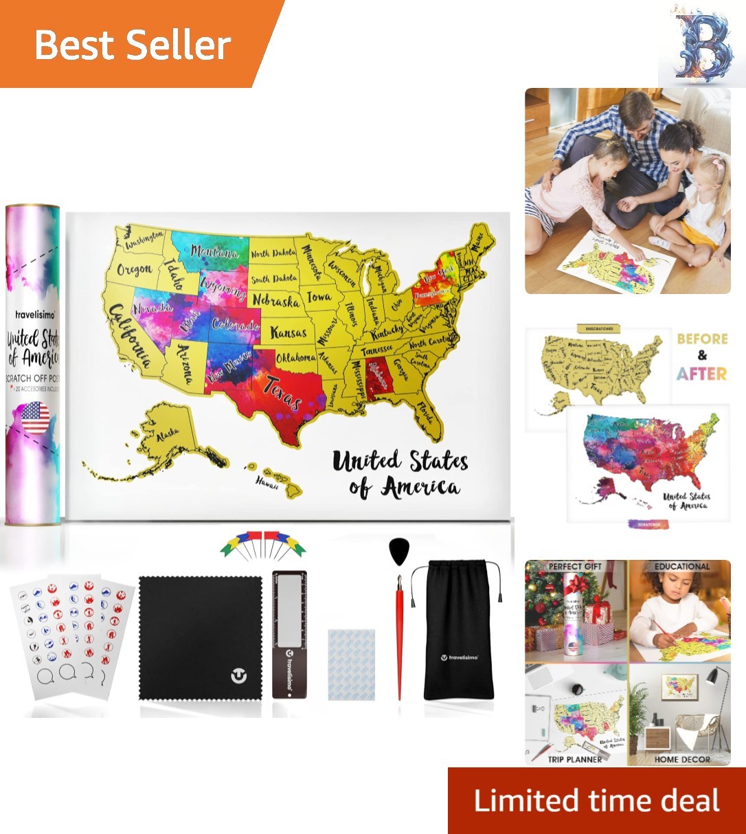 Colorful Scratch-Off Map of the USA - 12x17 inches with 25 Unique Accessories
