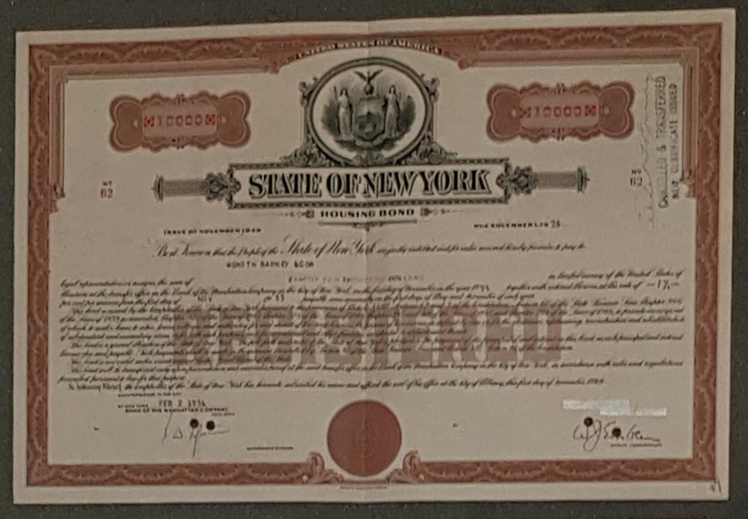 State New York Bond Housing Bond 11/1949 - 11/1975 1.75% $10,000