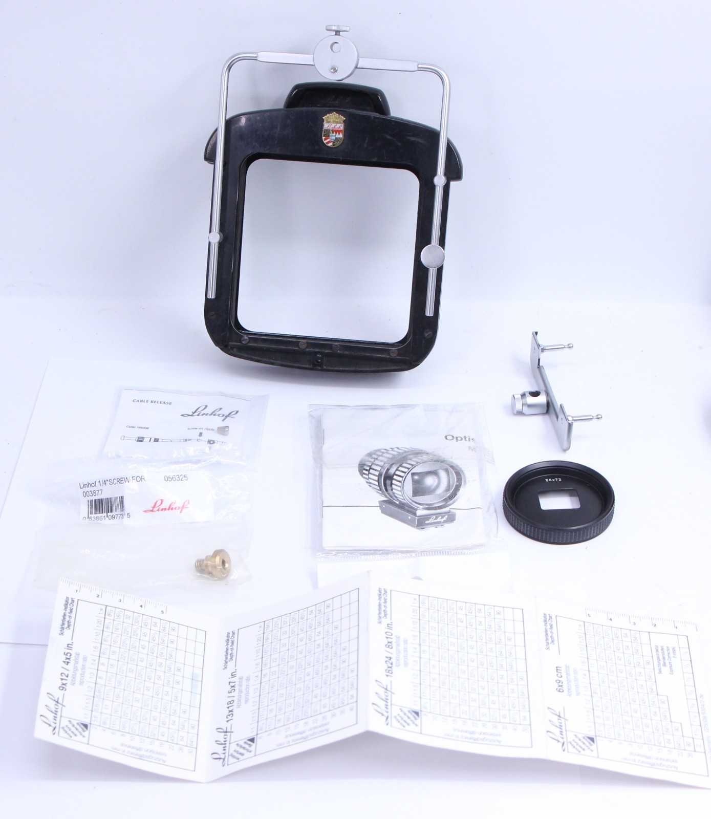 Linhof Technika Lot Bellows 1/4" Screw, Screw-on nipple 56x72 Mask, DOF Chart