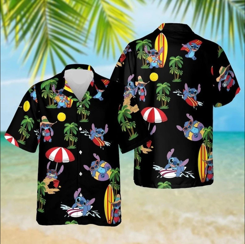 Disney Stitch Surfing Black Disneyworld Summer Beach Aloha Hawaiian Shirt