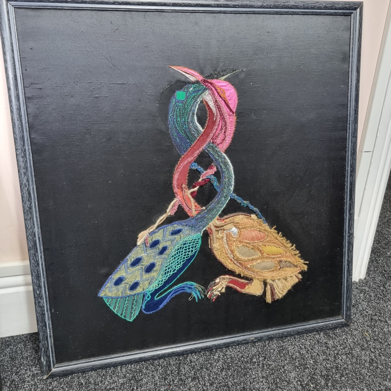 Vintage Embroidered On Satin Silk Large Peacock Design Beaded Detail 1970s?