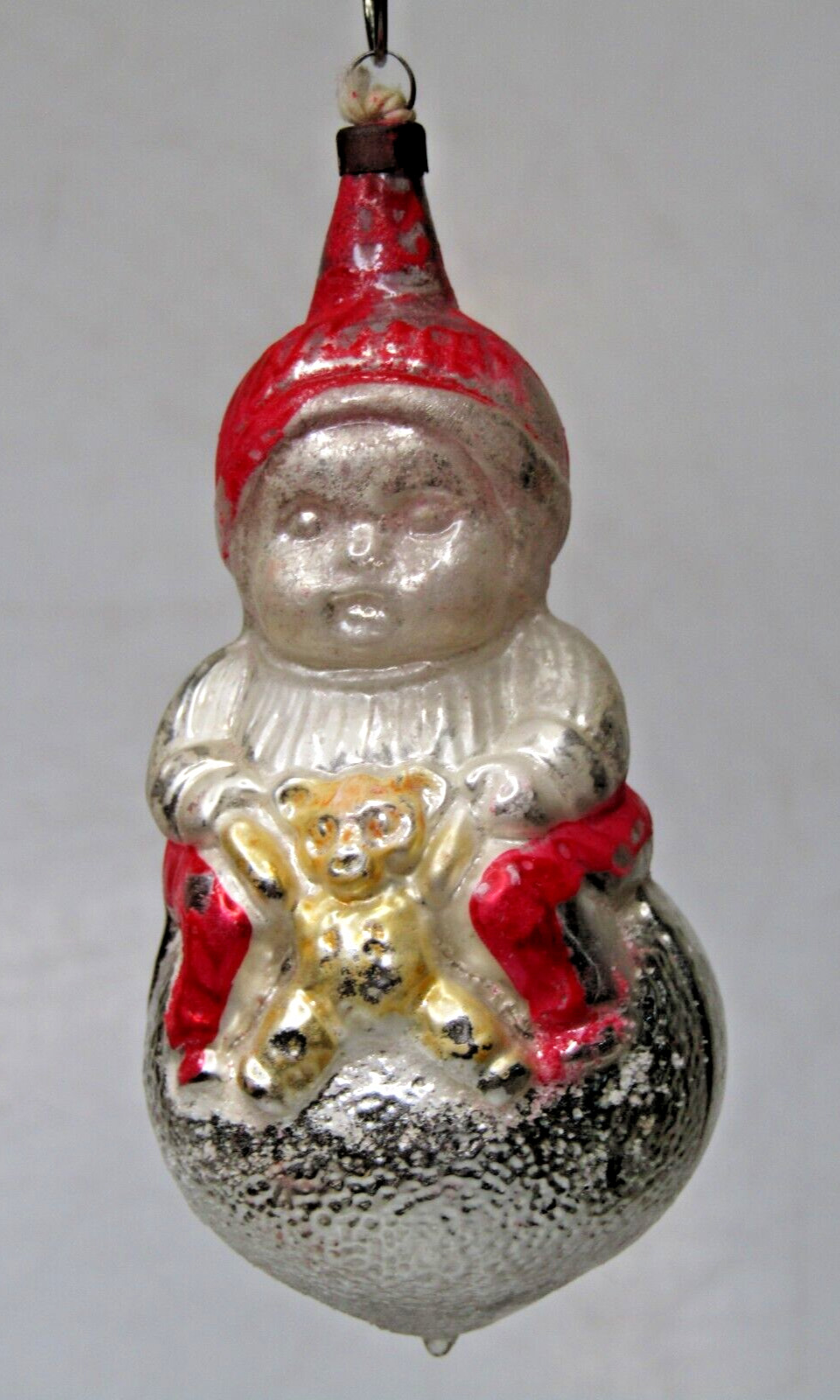 Antique Vintage Glass BABY w TEDDY BEAR on BALL Christmas Ornament Germany
