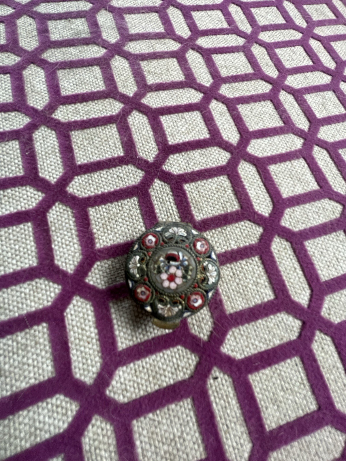 Vintage Italy Micro Mosaic Brass Small Round Pill Box Hinged Lid Floral Ornate 