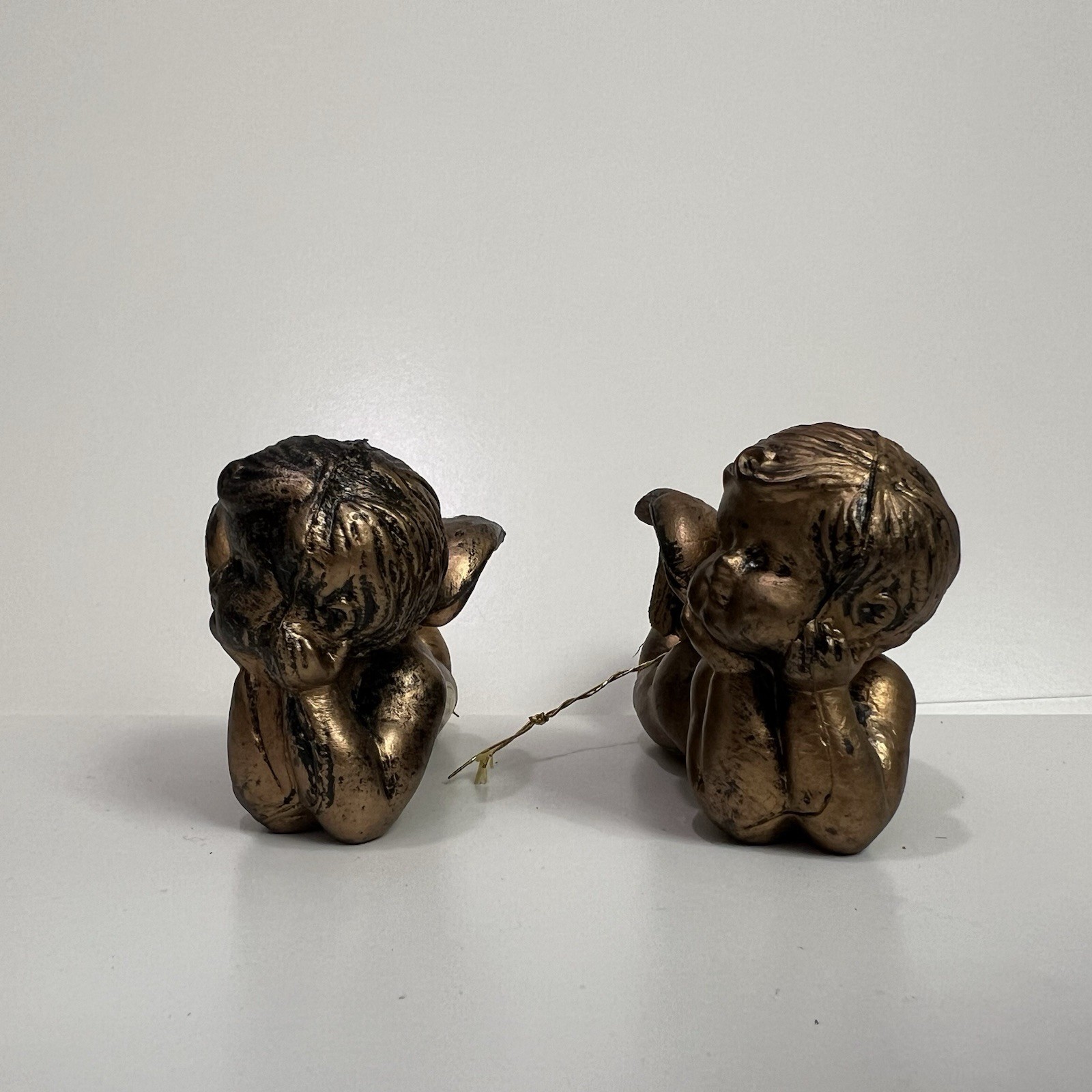 Vintage Gold Toned Molded Cherub Ornaments, Laying Down, Set Of 2