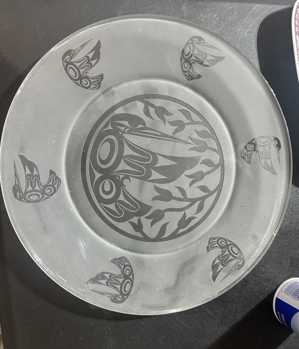Pacific Northwest Coast Native American Etched Hummingbird Glass Platter 13”