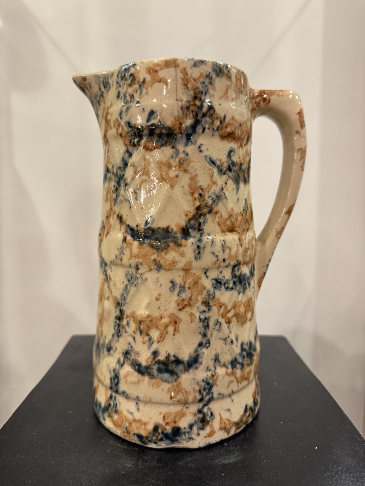 Large 19th c. Spongeware Yellow Ware 9.25" Pitcher w/ Gilding & Embossed Design