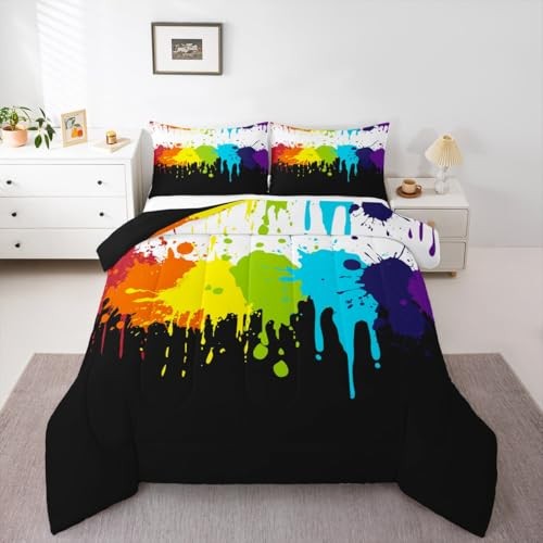  Rainbow Tie Dye Comforter Set Size,Colorful Splash Paint Bedding Full Color 28