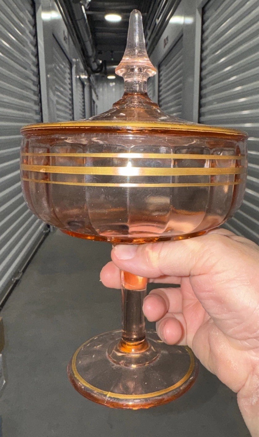 Cambridge Pink Glass Gold Encrusted Rim Footed Candy Nut Dish, Covered Compote