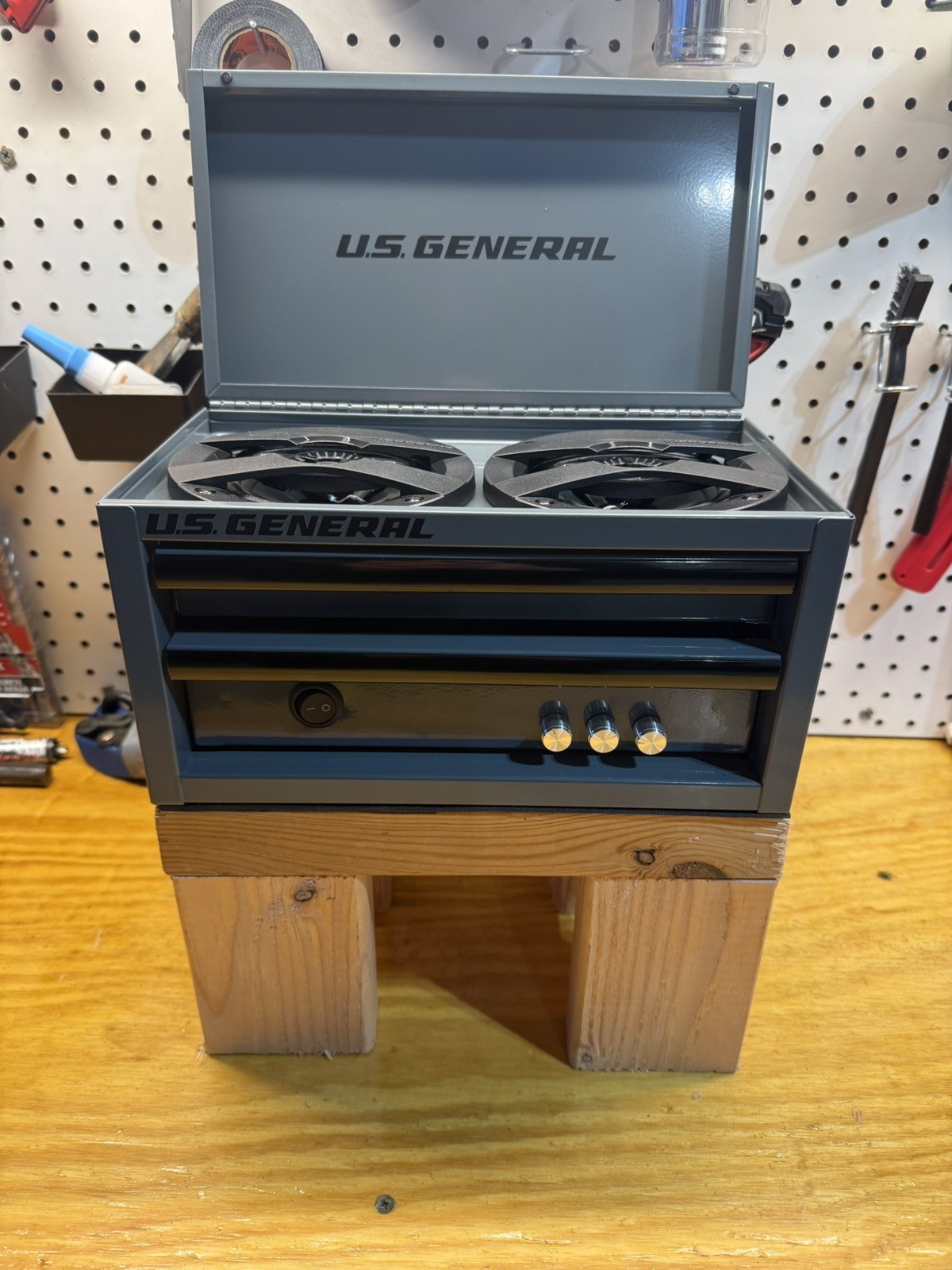  Custom Grey Mini Toolbox Speaker. Runs if rechargeable 12V battery. 