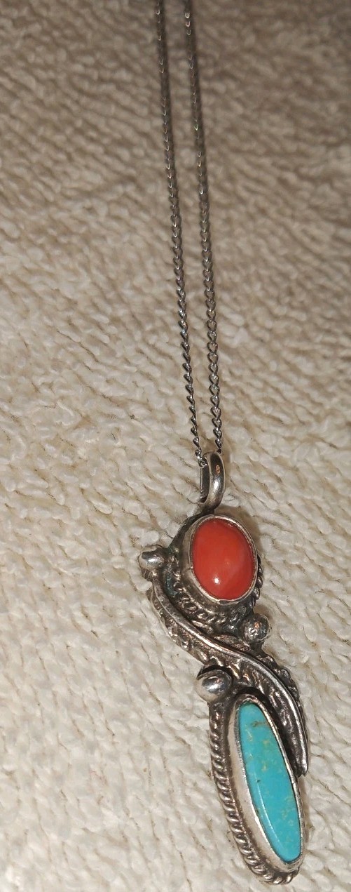 STERLING SILVER NATIVE AMERICAN PENDANT W/TURQ.&CORAL + STERLING BOX LINK CHAIN