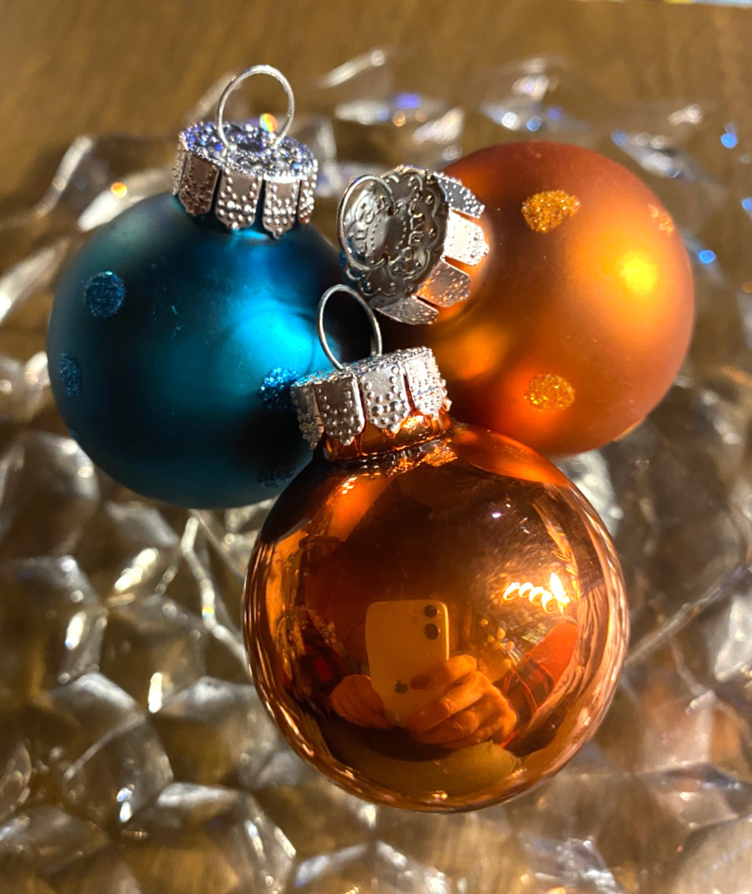 3 Blown Glass Polka Dot Mini Orange Blue Christmas Ornaments 1 1/4"