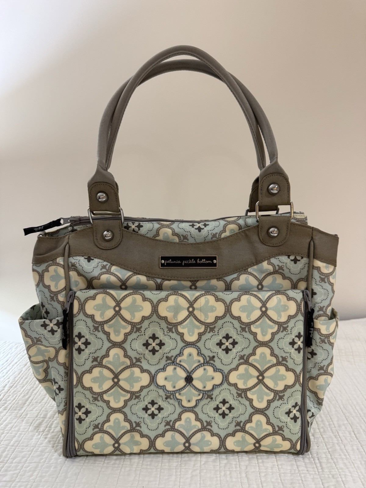 Petunia Pickle Bottom Floral Canvas Diaper Bag Gray Blue Detachable Strap & Case