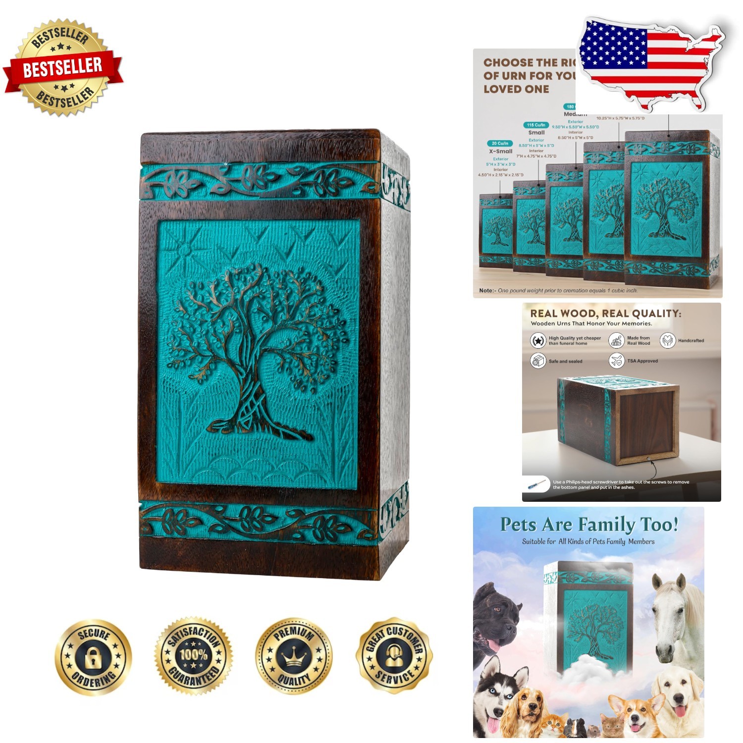 Unique Rosewood Urn for Human Ashes - X-Large, Sliding Opening, Teal Green