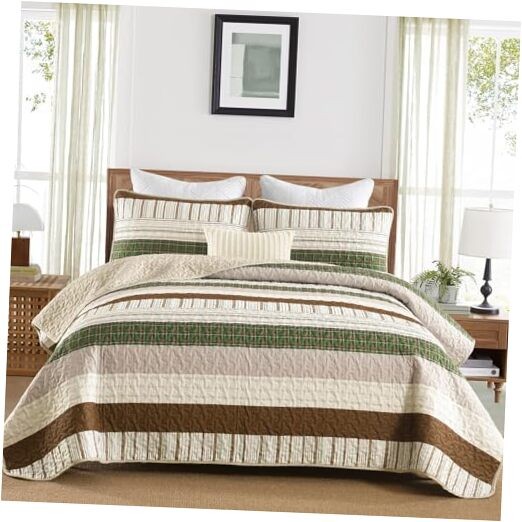  Striped Quilt Set Size, Boho Striped Bedspread Coverlet Set King Brown Green