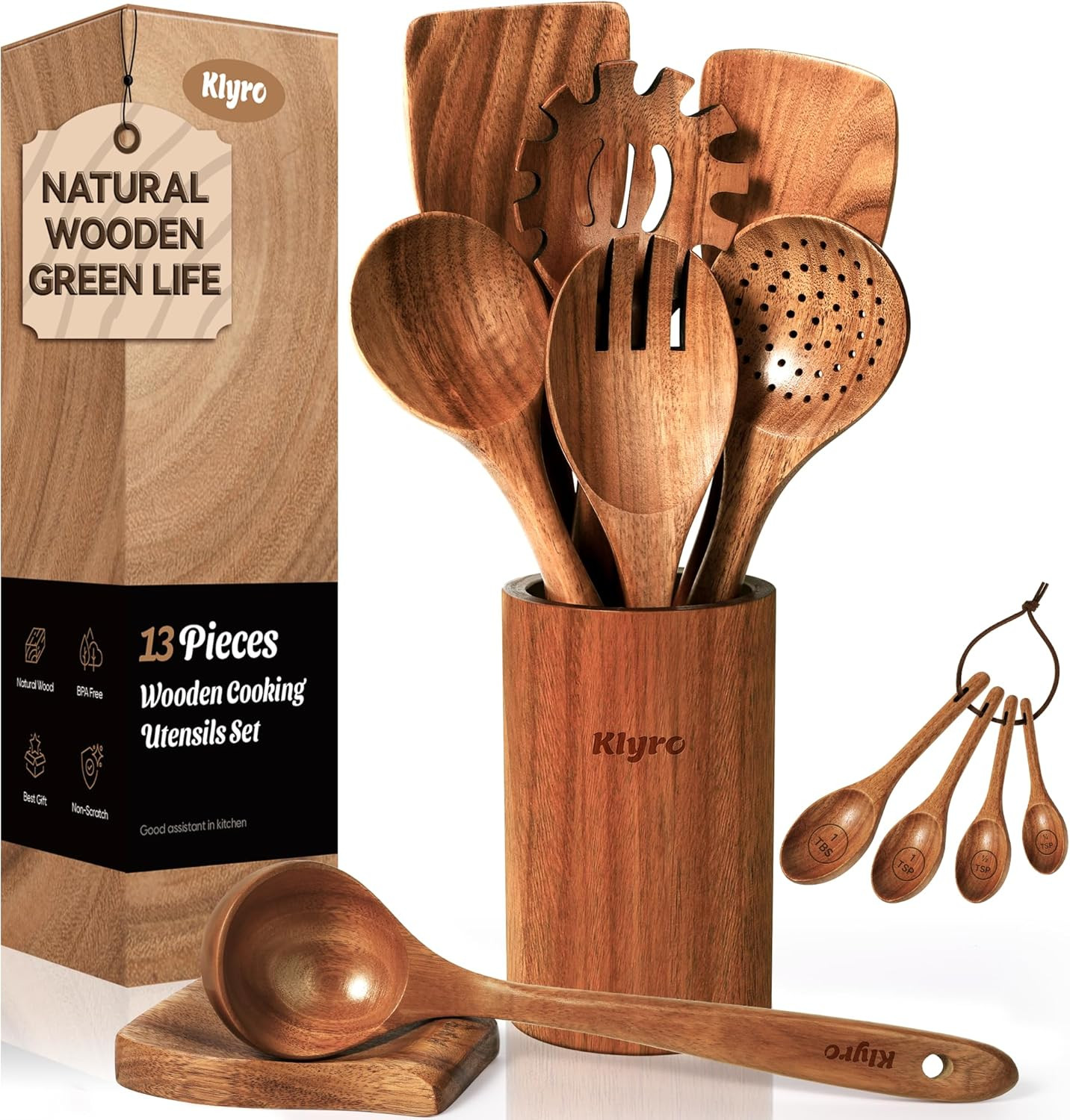 Wooden Spoons for Cooking, Nonstick Kitchen Utensils Set with 4 Piece Measuring 