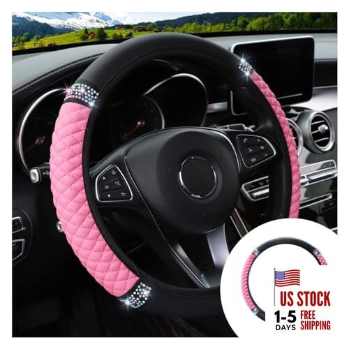 Bling Soft Leather Steering Wheel Cover, 15 Inch Colorful Rhinestones Auto Pink