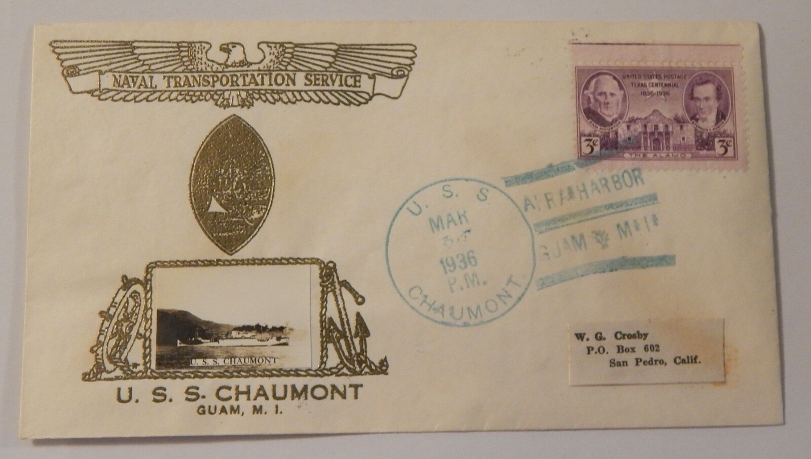 USS Chaumont (AP 5) March 26 1936 Apra Harbor Guam Crosby cachet
