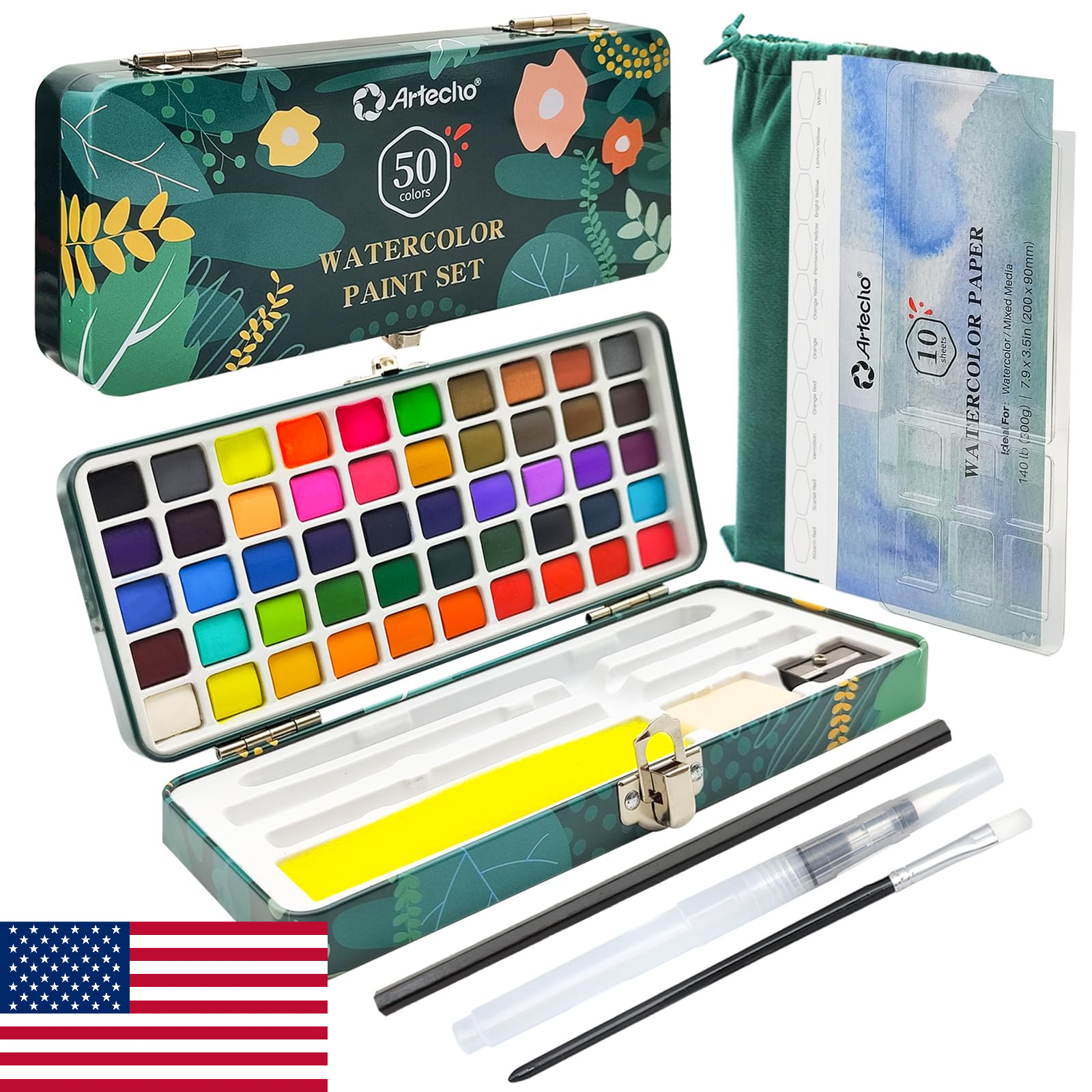 Artecho 50-Color Watercolor Paint Set, Travel Kit w/Paper & Brushes