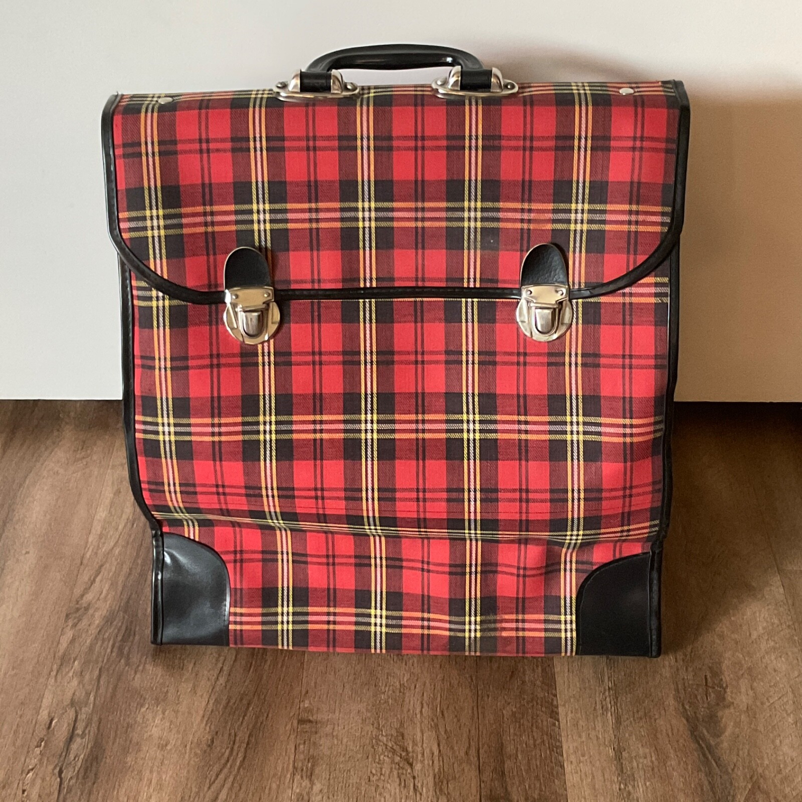 VTG Suitcase Tote Bag MCM Foldable Red Tartan Plaid Handle Luggage Travel **READ