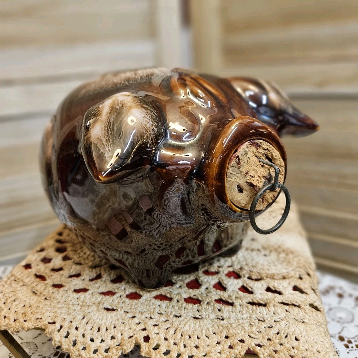 Vintage 1950's Hull Pottery USA "Corky Pig" Brown Drip Piggy Bank w/Cork Nose 