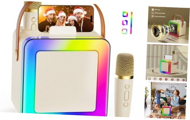 Mini Karaoke Machine for Kids Adults, Portable Bluetooth Speaker 2 Mics White