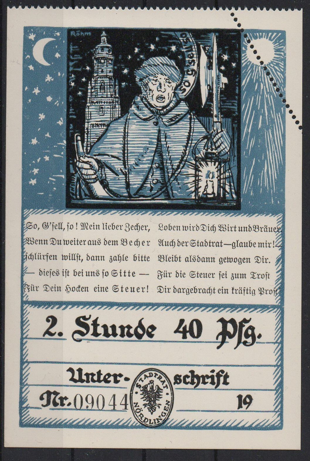 [12089] - STOOL TAX NOTE NORDLINGEN 2nd HOUR, Uncirculated (I). Lindmann 2