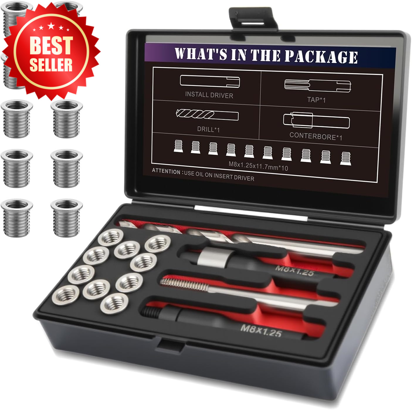 M8x1.25 Thread Repair Kit HSS Drill Tap 10pc Stainless Steel Insert US