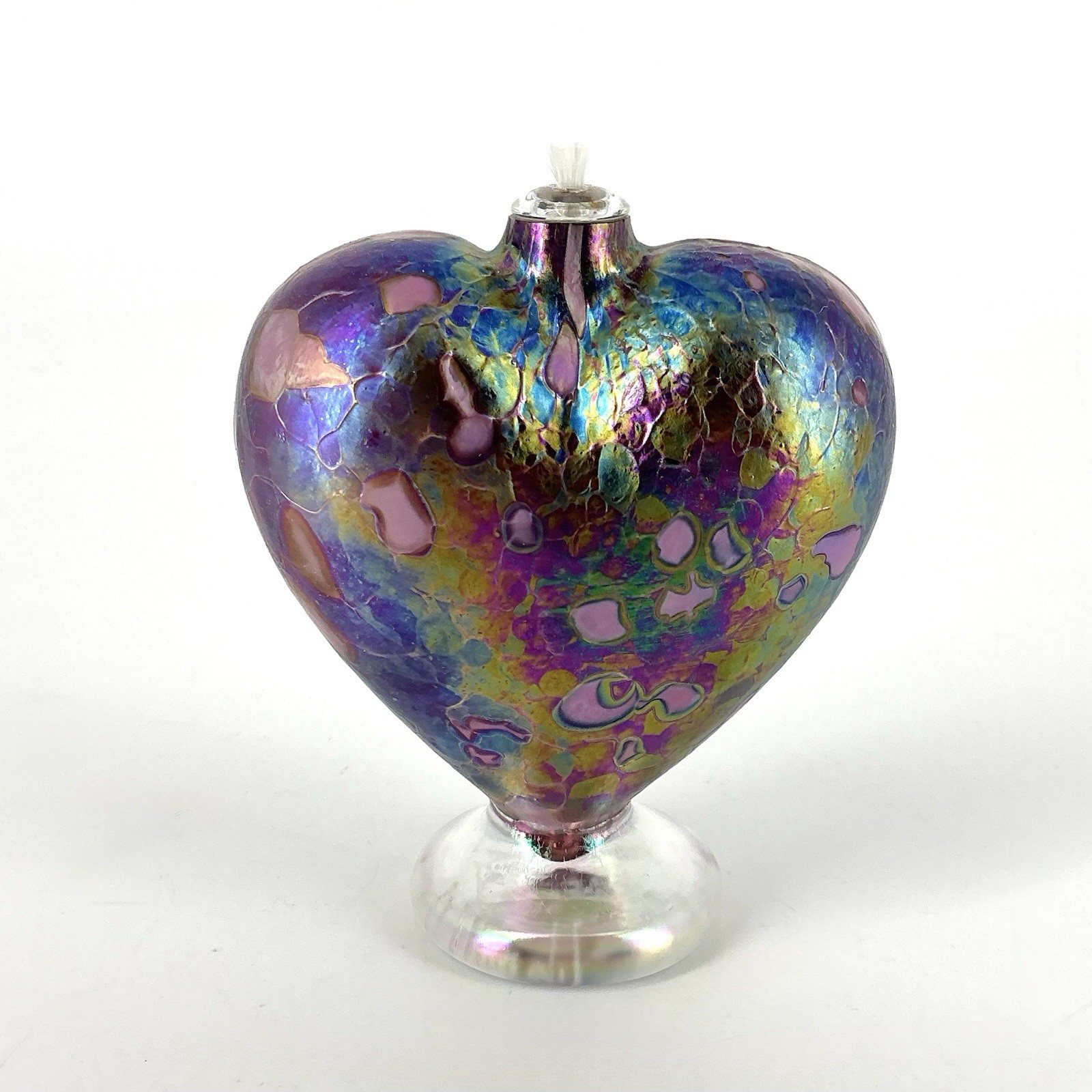 Roger Vines Art Glass Heart Iridescent Oil Lamp 1997 Mt St Helens Seattle Signed