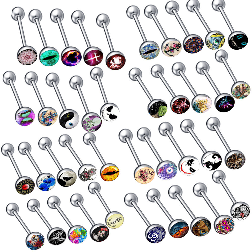 5/10pc Surgical Steel Tongue Ring Bar Mixed Random Pattern Body Piercing Jewelry