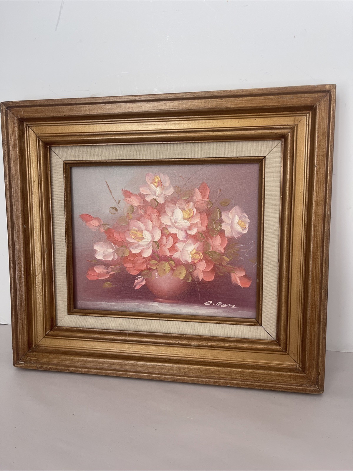 Vintage Floral Oil Painting Signed C Berr Pink Flowers Still Life Framed 14x15