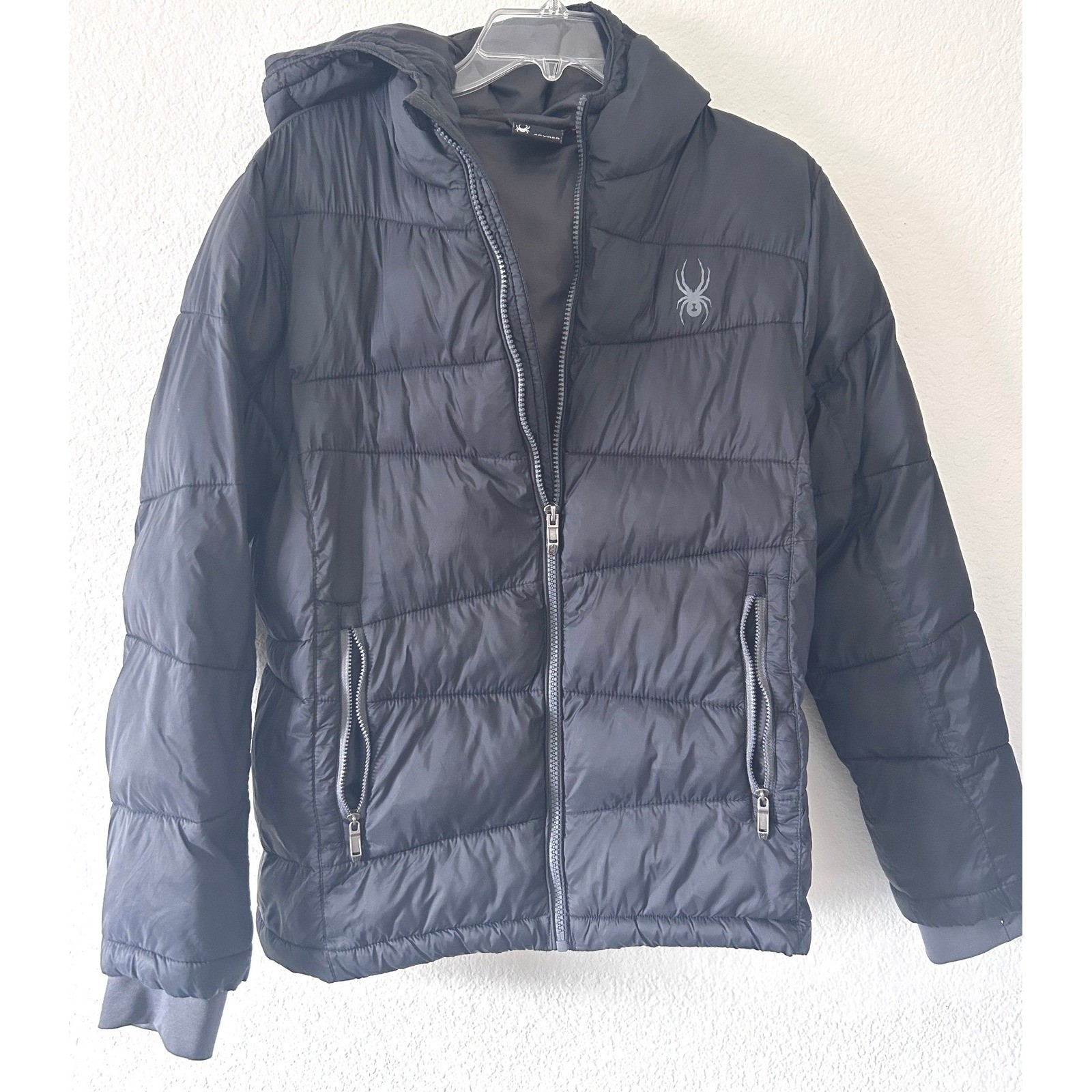 Spyder Boys Black Puffer Jacket Hooded Insulated Winter Coat Size L 14/16