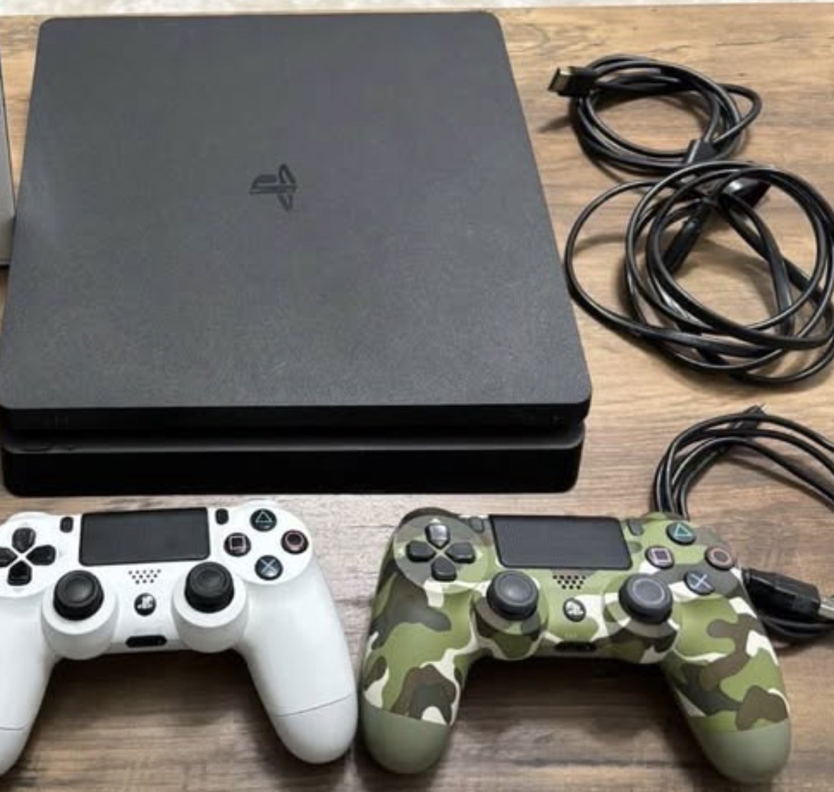 PS4 Slim Console  1TB + 2 Controllers (White & Camo) + Cables – Tested Working 